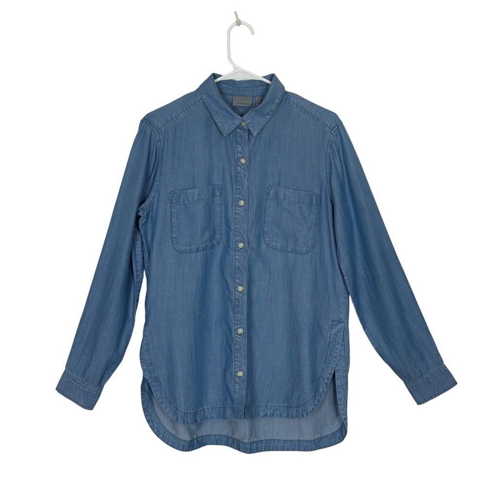 Athleta Button Down Shirt Blue Tencel Chambray Utility Casual Top Women SMALL